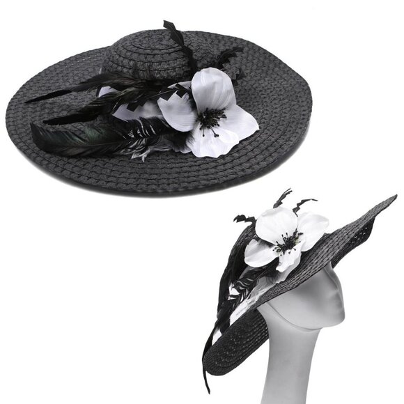 Woven Faux Straw Large Brim Hat Feathers Flowers Queens Plate Summer Black White - Picture 1 of 12